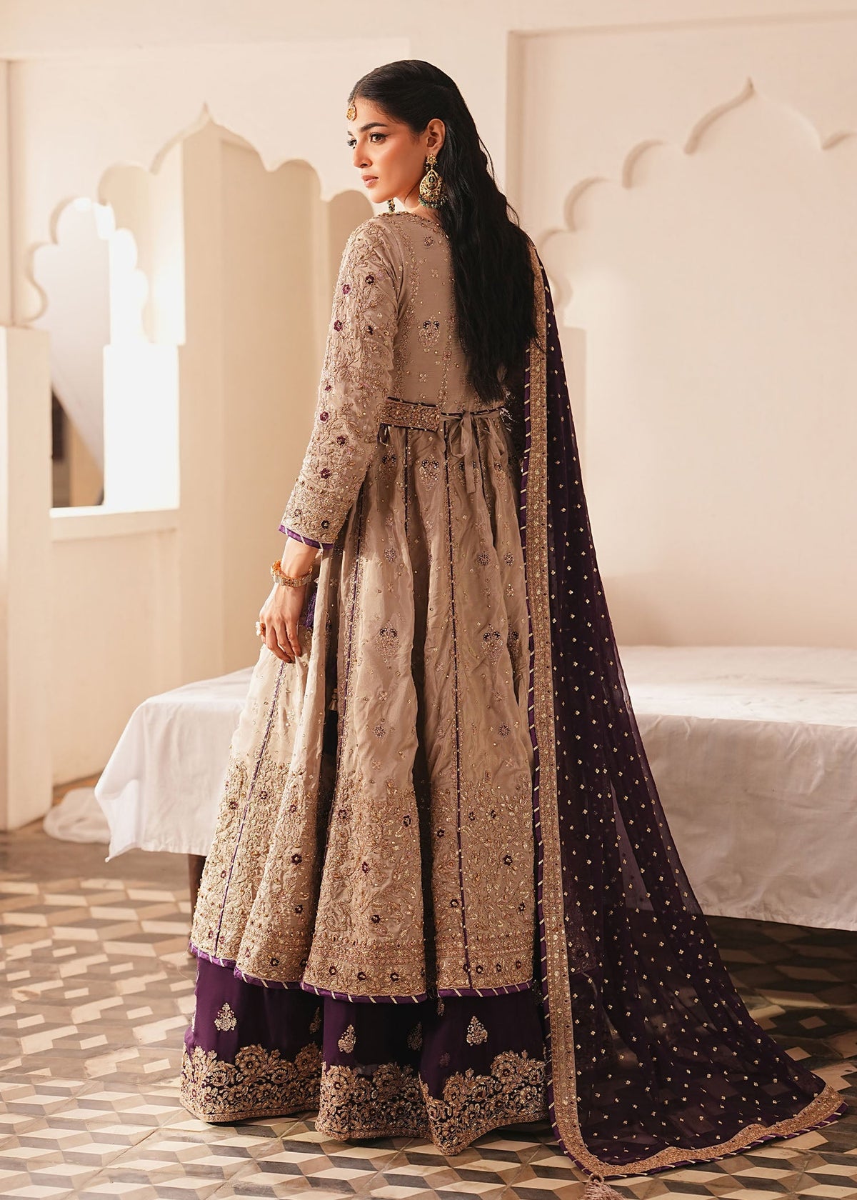 Ladies Embroidered Beige Silk Anarkali Suit Online in UK USA Canada