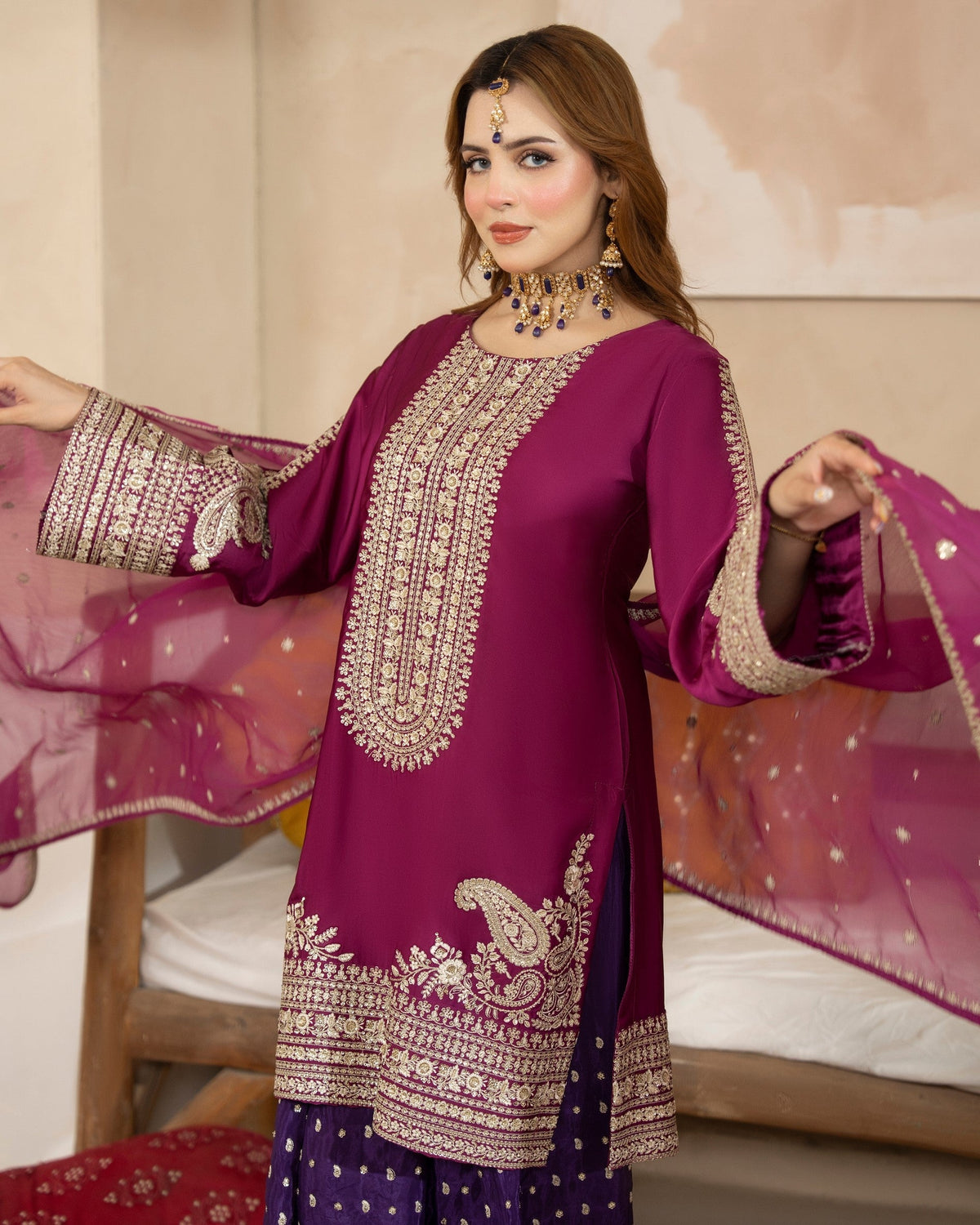 Ladies Embroidered Berry Purple Shalwar Kameez with Crinkle Chiffon Dupatta Online in UK USA Canada