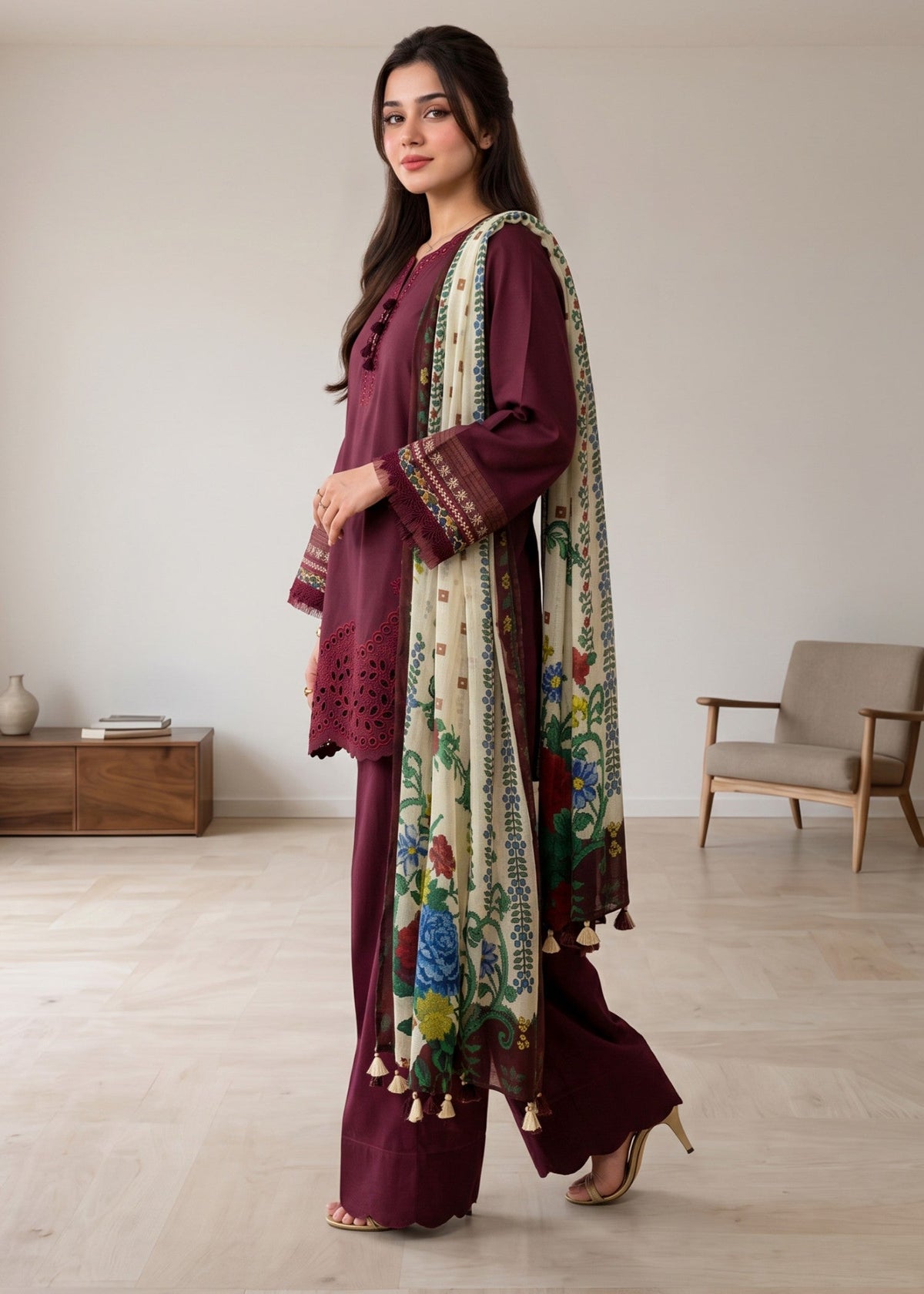 Ladies Embroidered Berry Red Shalwar Kameez Online in UK USA Canada