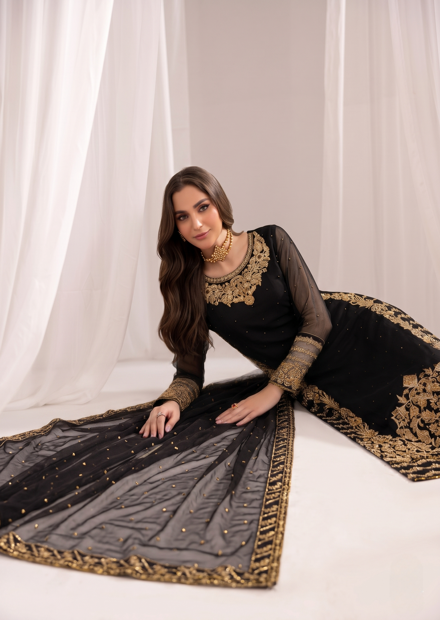 Ladies Embroidered Black Bemberg Crinkle Chiffon Suit Online in UK USA Canada