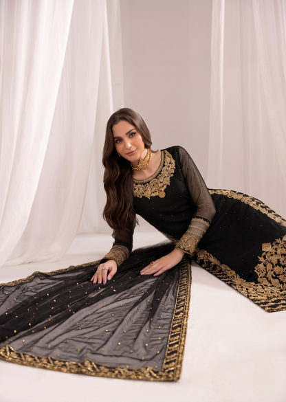 Ladies Embroidered Black Bemberg Crinkle Chiffon Suit Online in UK USA Canada