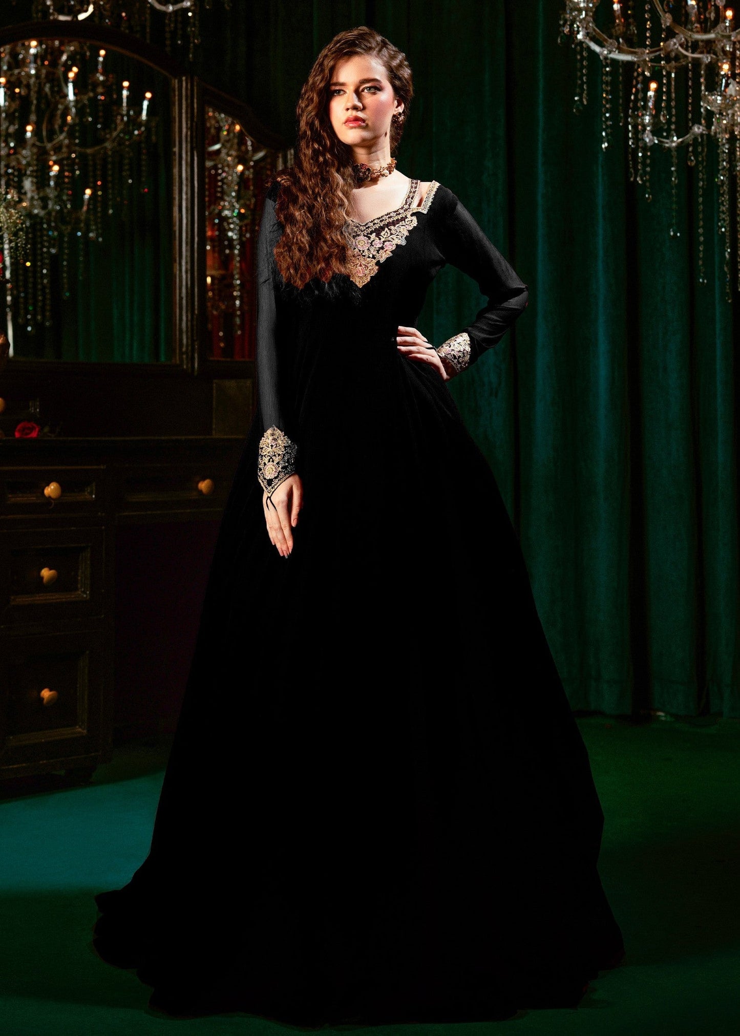 Ladies Embroidered Black Chiffon Maxi Dress Online in UK USA Canada