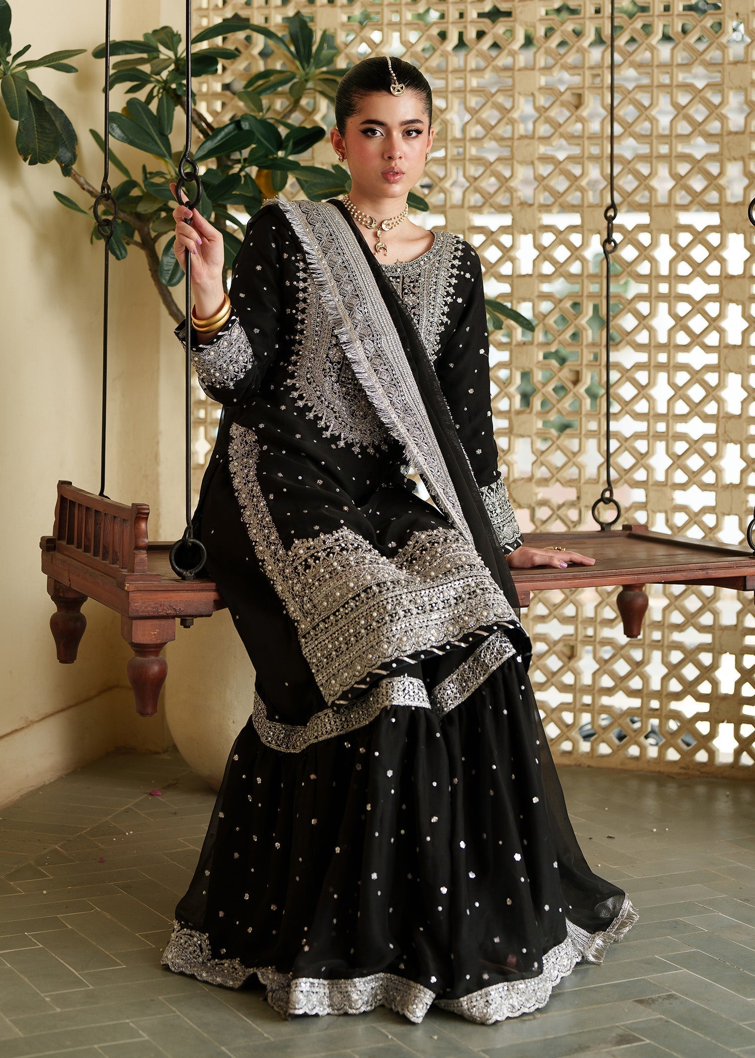 Ladies Embroidered Black Chiffon Partywear Suit Online in UK USA Canada