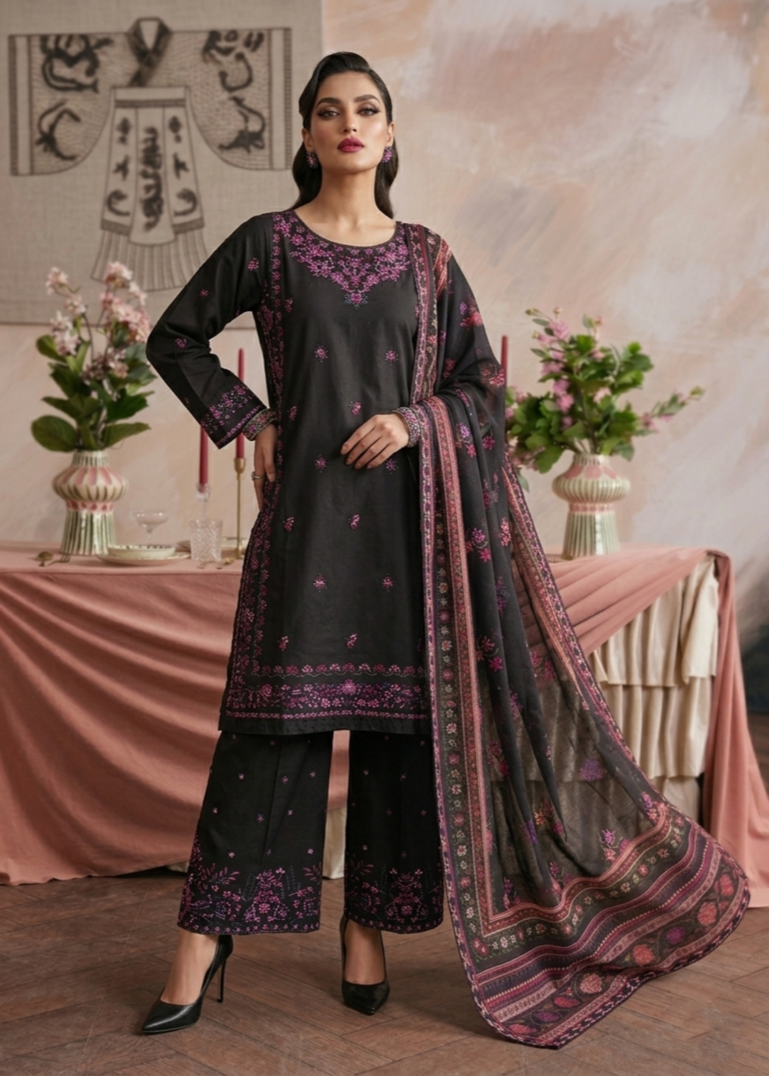 Ladies Embroidered Black Cotton Shalwar Kameez Online in UK USA Canada