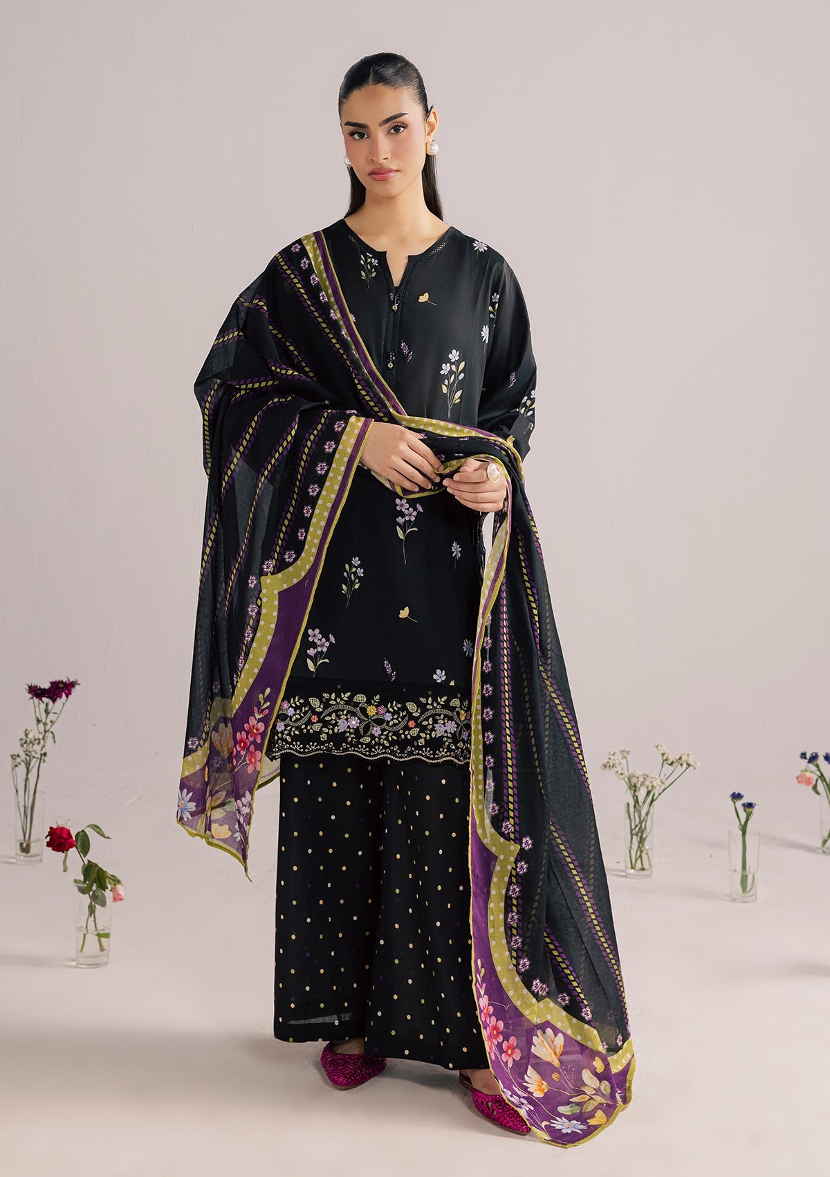 Ladies Embroidered Black Lawn Kurta Set Online in UK USA Canada