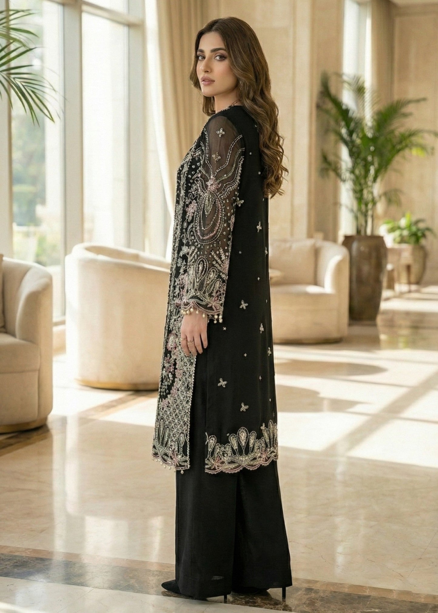Ladies Embroidered Black Organza Shalwar Kameez Online in UK USA Canada