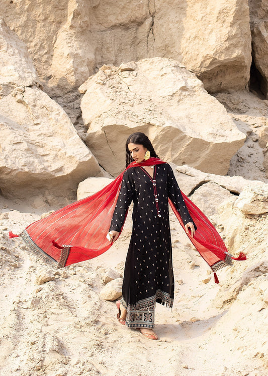 Ladies Embroidered Black Raw Silk Partywear Suit Online in UK USA Canada