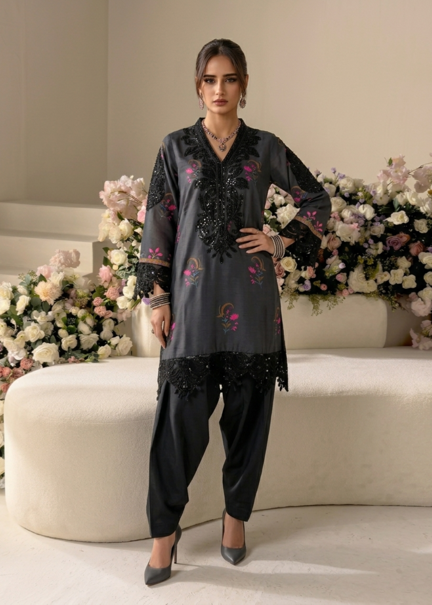Ladies Embroidered Black Silk Partywear Suit Online in UK USA Canada