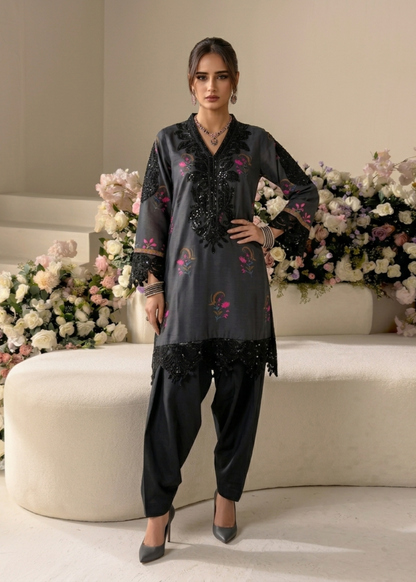 Ladies Embroidered Black Silk Partywear Suit Online in UK USA Canada