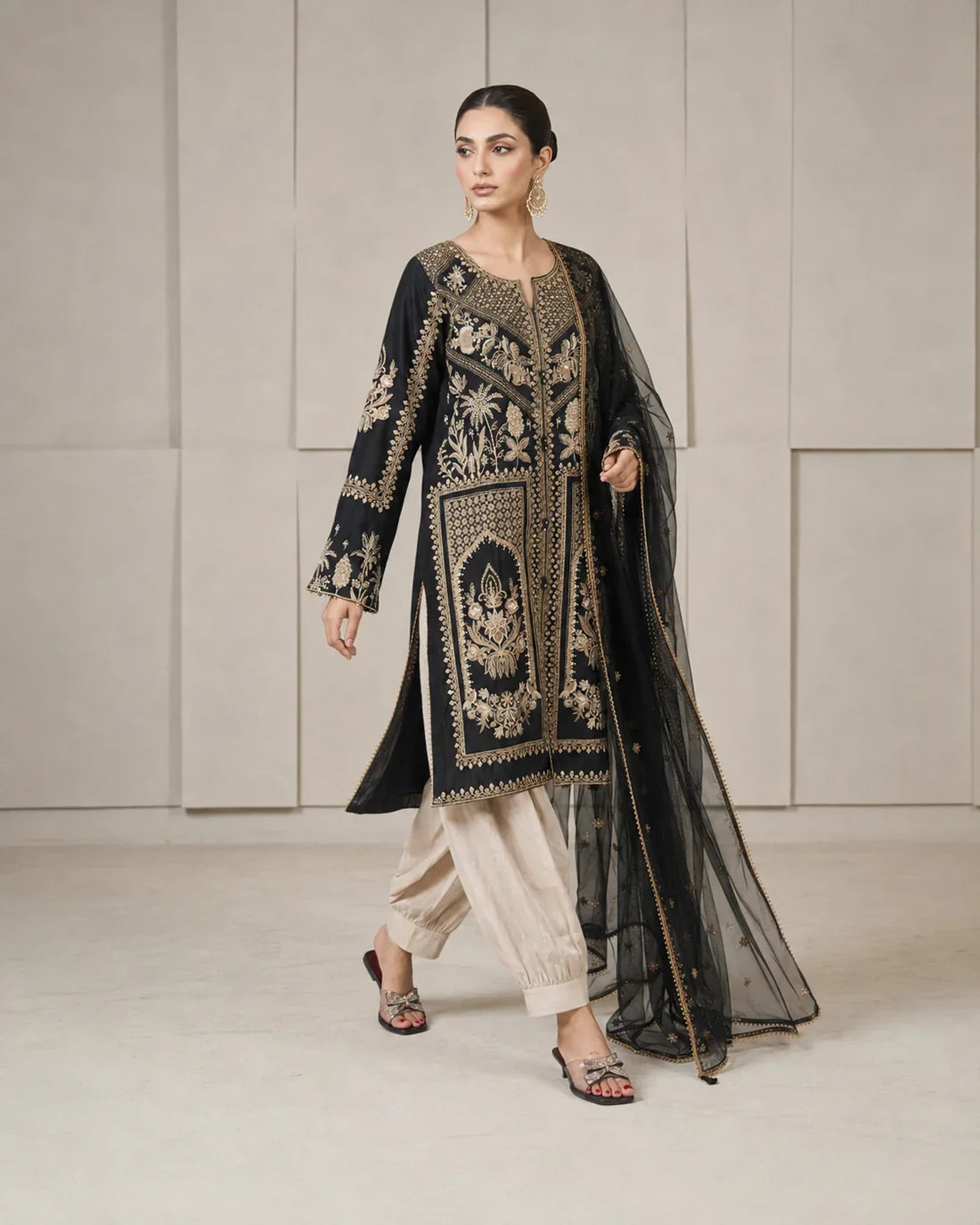 Ladies Embroidered Black Viscose Suit Online in UK USA Canada