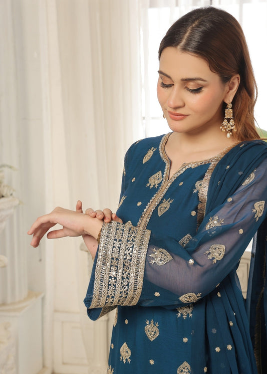 Ladies Embroidered Blue Chiffon Partywear Suit Online in UK USA Canada