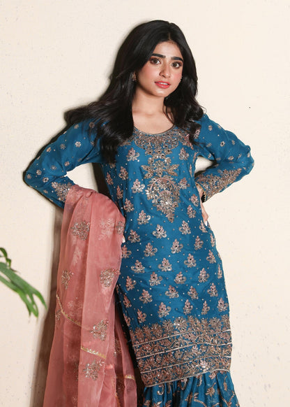 Ladies Embroidered Blue Chiffon Salwar Kameez Online in UK USA Canada