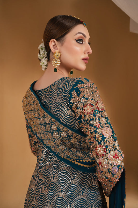 Ladies Embroidered Blue Chiffon Straight Cut Suit Online in UK USA Canada