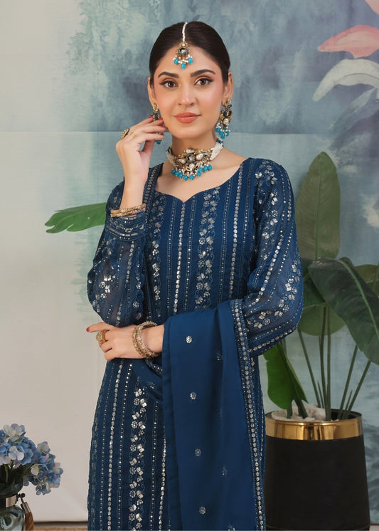 Ladies Embroidered Blue Chiffon Straight Kurta Suit Online in UK USA Canada