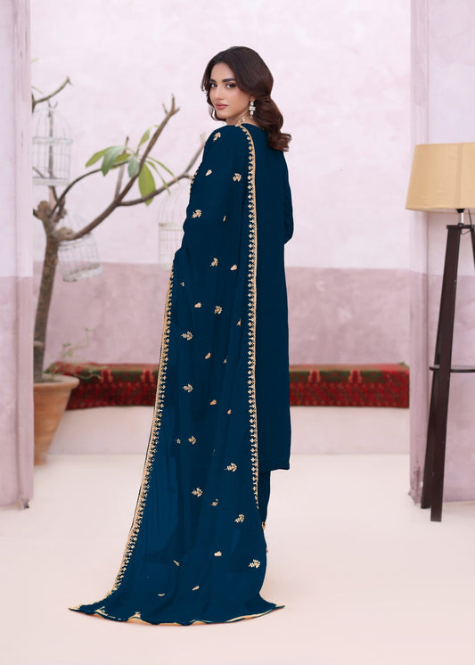 Ladies Embroidered Blue Chiffon Suit Online in UK USA Canada