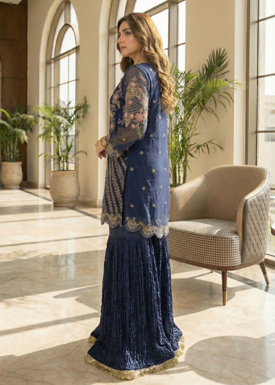 Ladies Embroidered Blue Gharara Suit Online in UK USA Canada