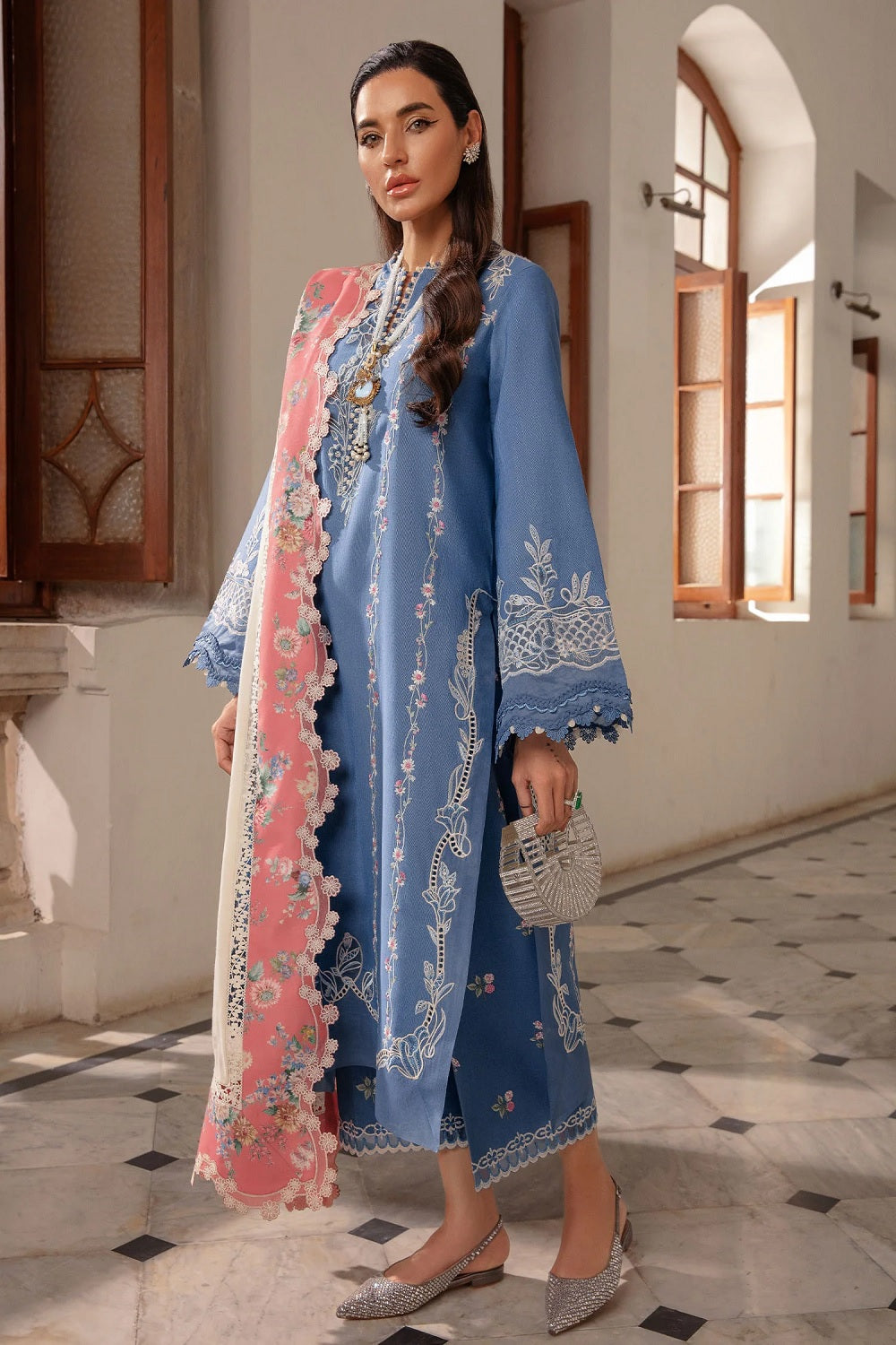 Ladies Embroidered Blue Lawn Shalwar Kameez Online in UK USA Canada