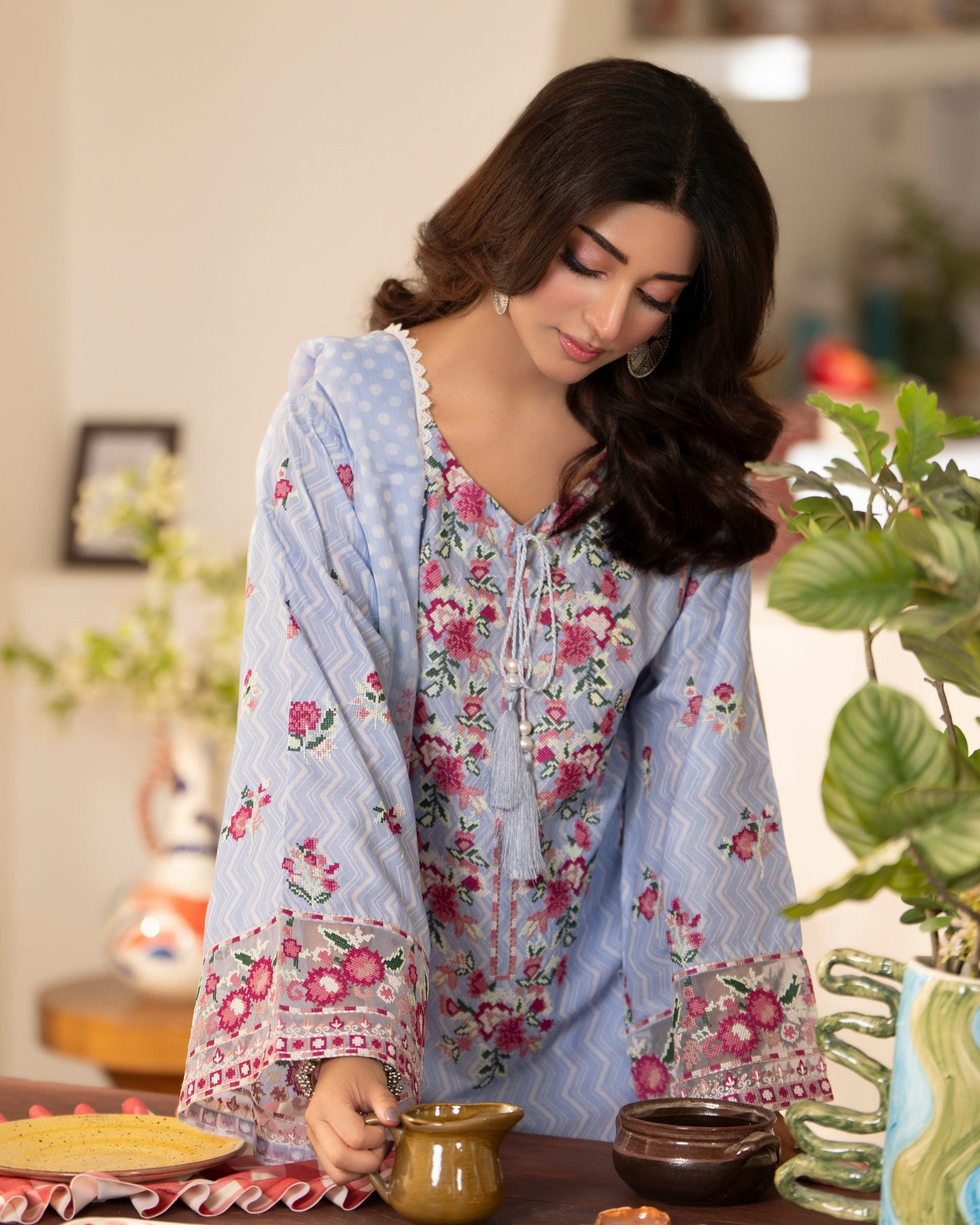 Ladies Embroidered Blue Lawn Suit Online in UK USA Canada