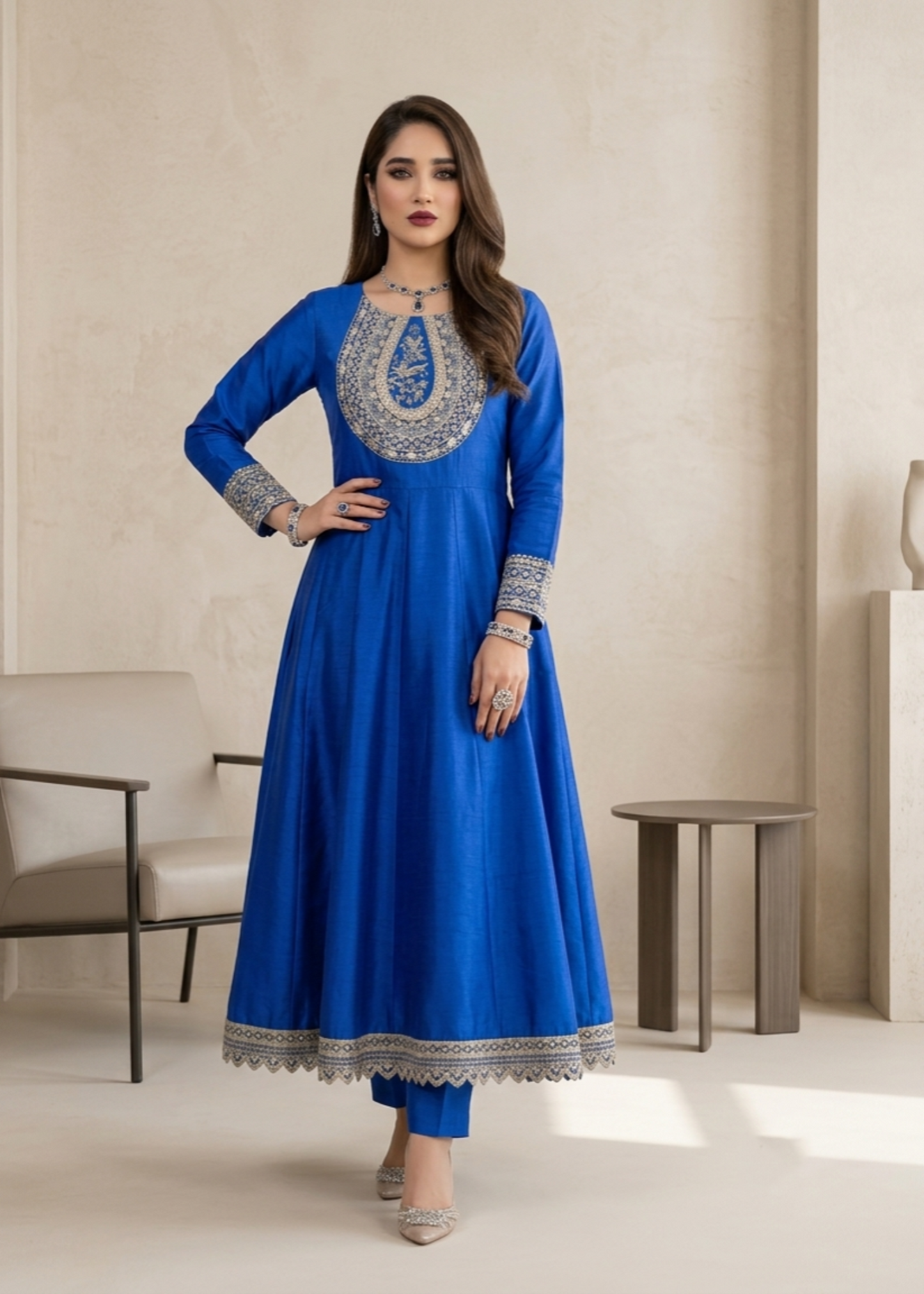 Ladies Embroidered Blue Organza Dupatta Suit Online in UK USA Canada