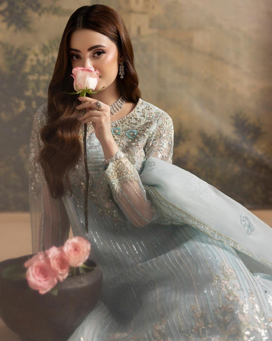 Ladies Embroidered Blue Organza Wedding Sharara Online in UK USA Canada