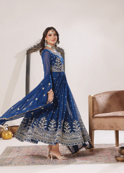 Ladies Embroidered Blue Pishwas Suit Online in UK USA Canada