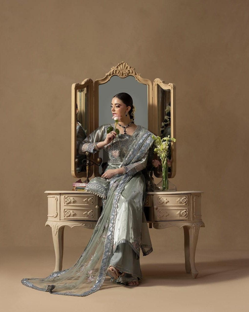 Ladies Embroidered Blue Silk Wedding Sharara Online in UK USA Canada