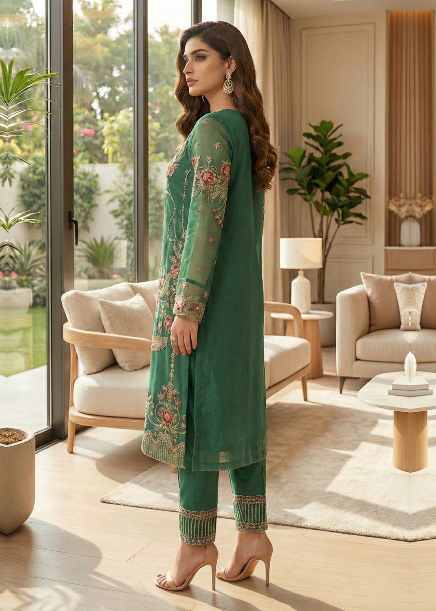 Ladies Embroidered Bottle Green Organza Shalwar Kameez Online in UK USA Canada