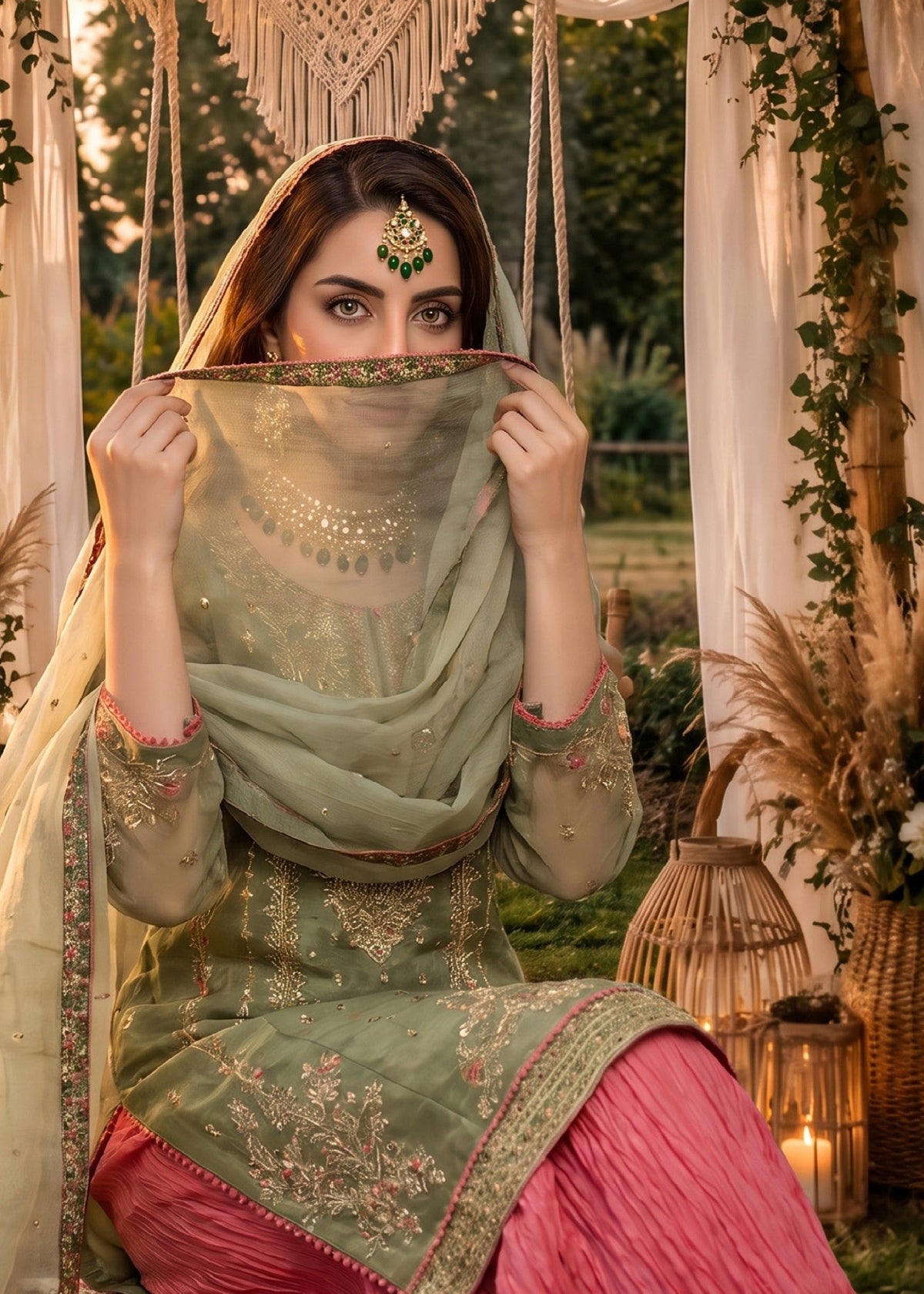 Ladies Embroidered Bottle Green Organza Sharara Lehenga Online in UK USA Canada