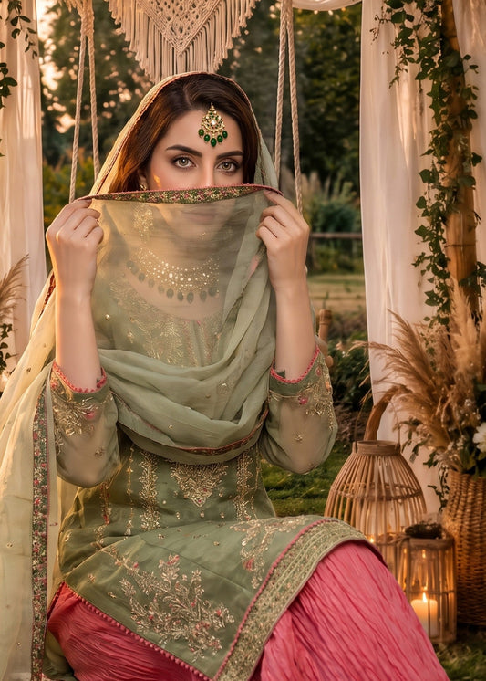 Ladies Embroidered Bottle Green Organza Sharara Lehenga Online in UK USA Canada