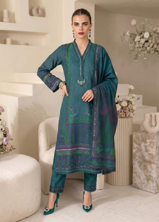 Ladies Embroidered Bottle Green Silk Suit Online in UK USA Canada