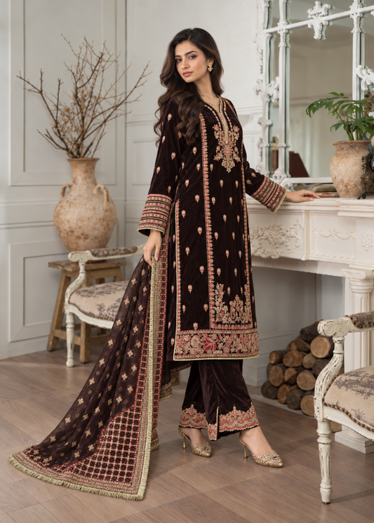Ladies Embroidered Brown Shalwar Kameez Online in UK USA Canada