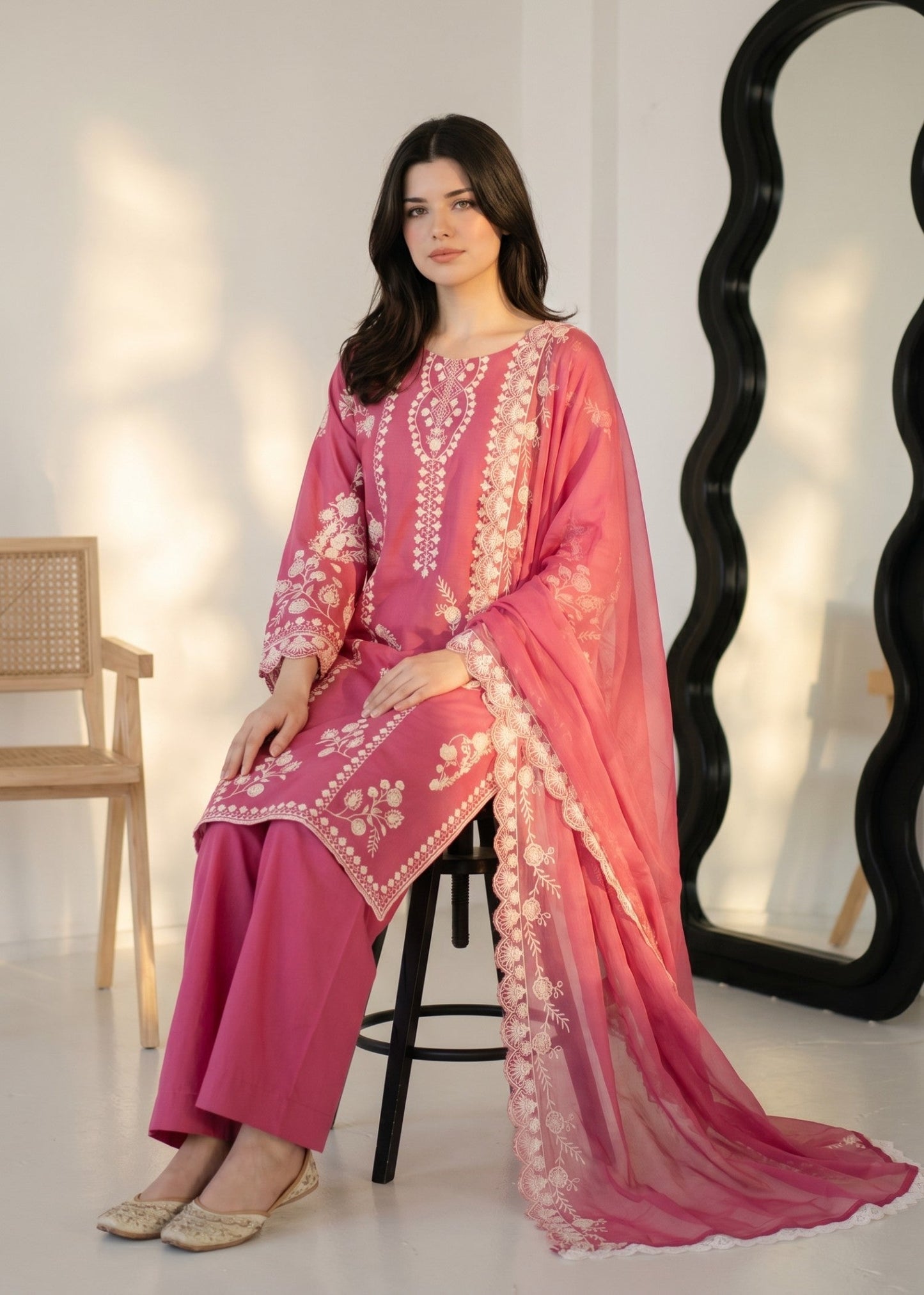 Ladies Embroidered Bubblegum Pink Cotton Salwar Kameez Online in UK USA Canada