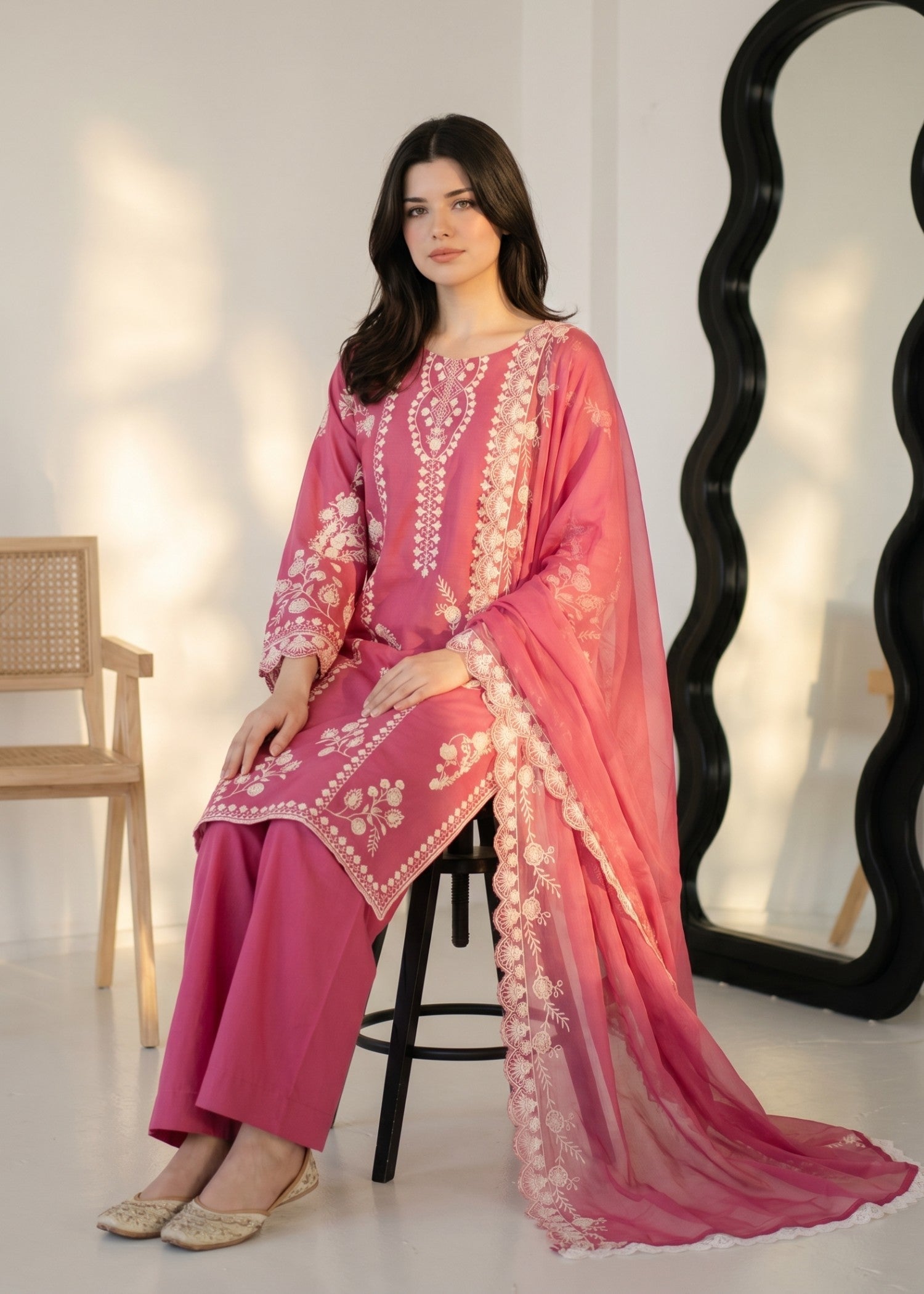 Ladies Embroidered Bubblegum Pink Cotton Salwar Kameez Online in UK USA Canada