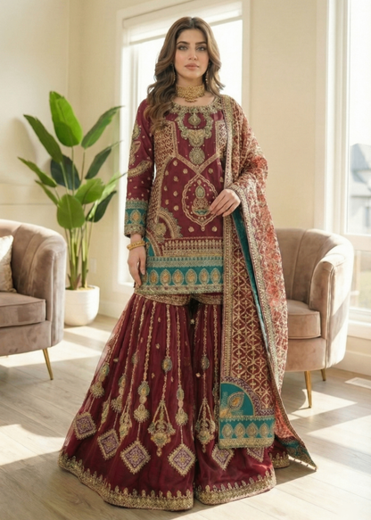 Ladies Embroidered Burgundy Net Dupatta Suit Online in UK USA Canada