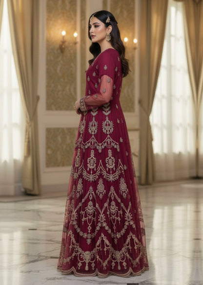 Ladies Embroidered Burgundy Net Shalwar Kameez Online in UK USA Canada