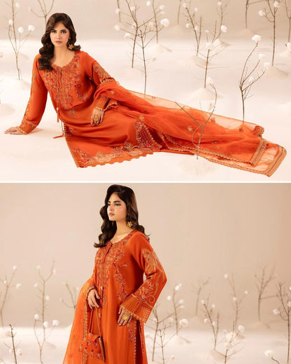 Ladies Embroidered Burnt Orange Raw Silk Shalwar Kameez Online in UK USA Canada