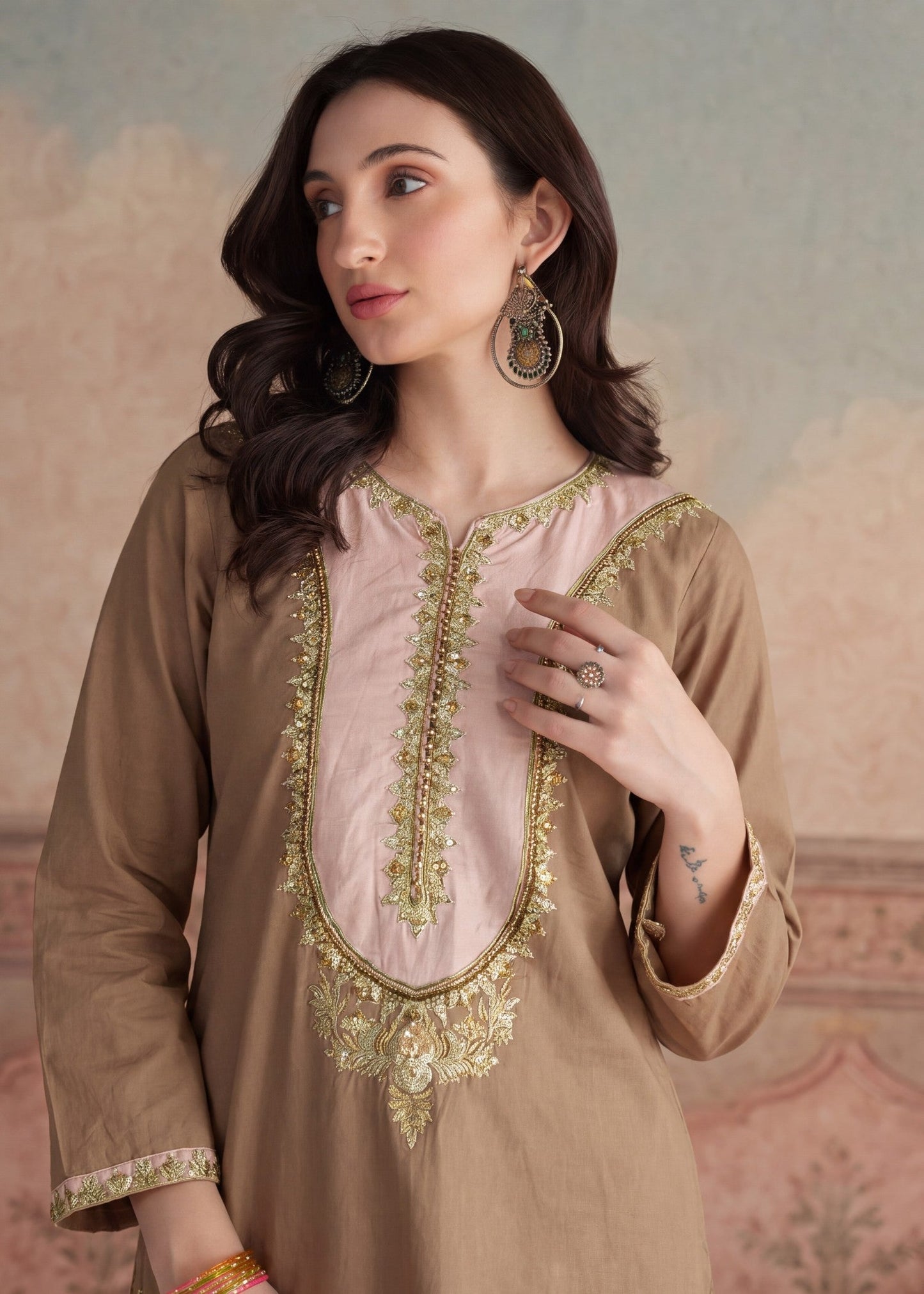 Ladies Embroidered Camel Brown Kurta Pajama Online in UK USA Canada