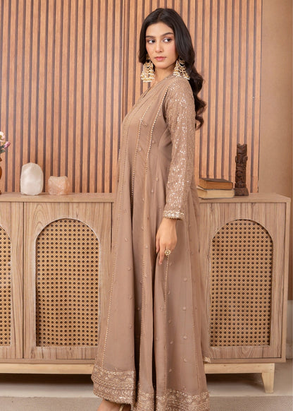 Ladies Embroidered Camel Brown Pishwas Maxi Dress Online in UK USA Canada
