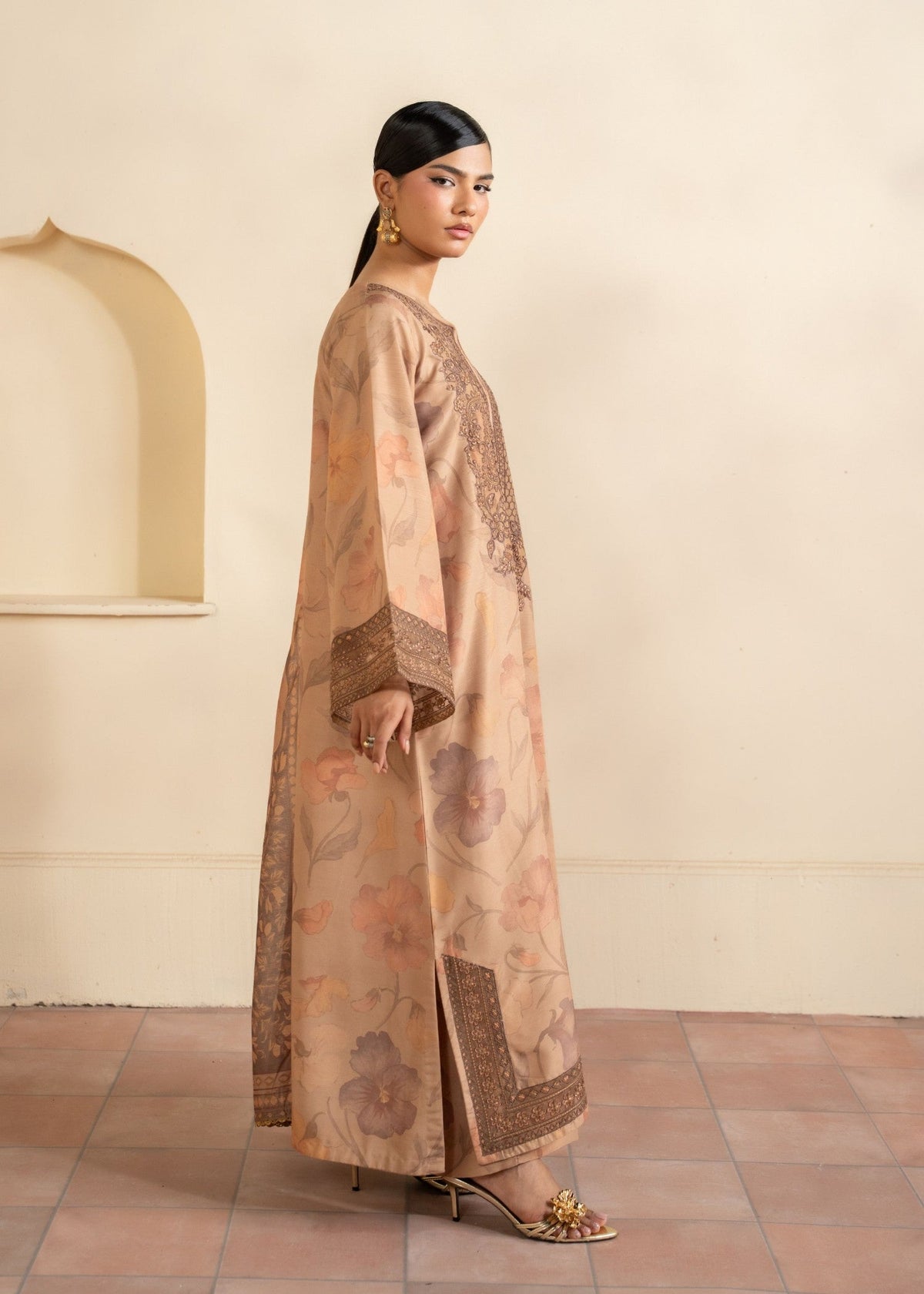 Ladies Embroidered Camel Brown Shalwar Kameez Online in UK USA Canada