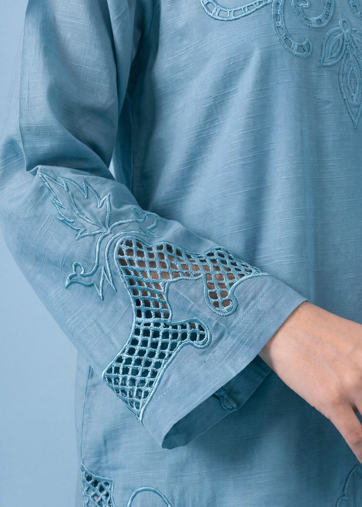 Ladies Embroidered Carolina Blue Khaddar Kurta Set Online in UK USA Canada