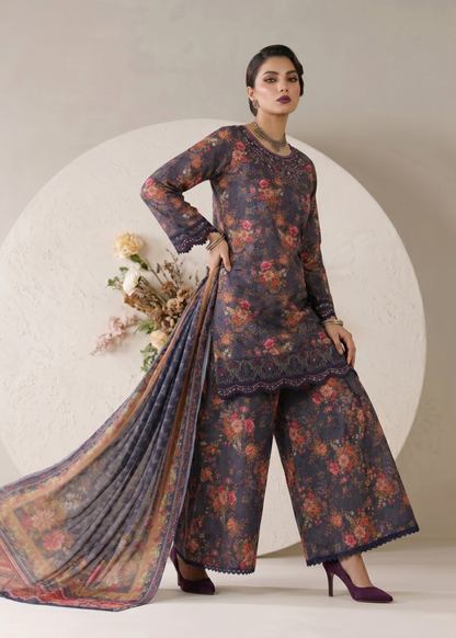 Ladies Embroidered Charcoal Lawn Kurta Online in UK USA Canada