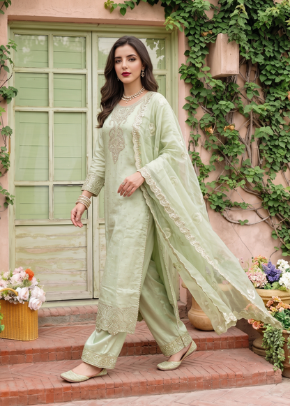 Ladies Embroidered Chiffon Pistachio Green Suit Online in UK USA Canada