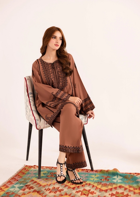 Ladies Embroidered Chocolate Brown Lawn Kurta Set Online in UK USA Canada
