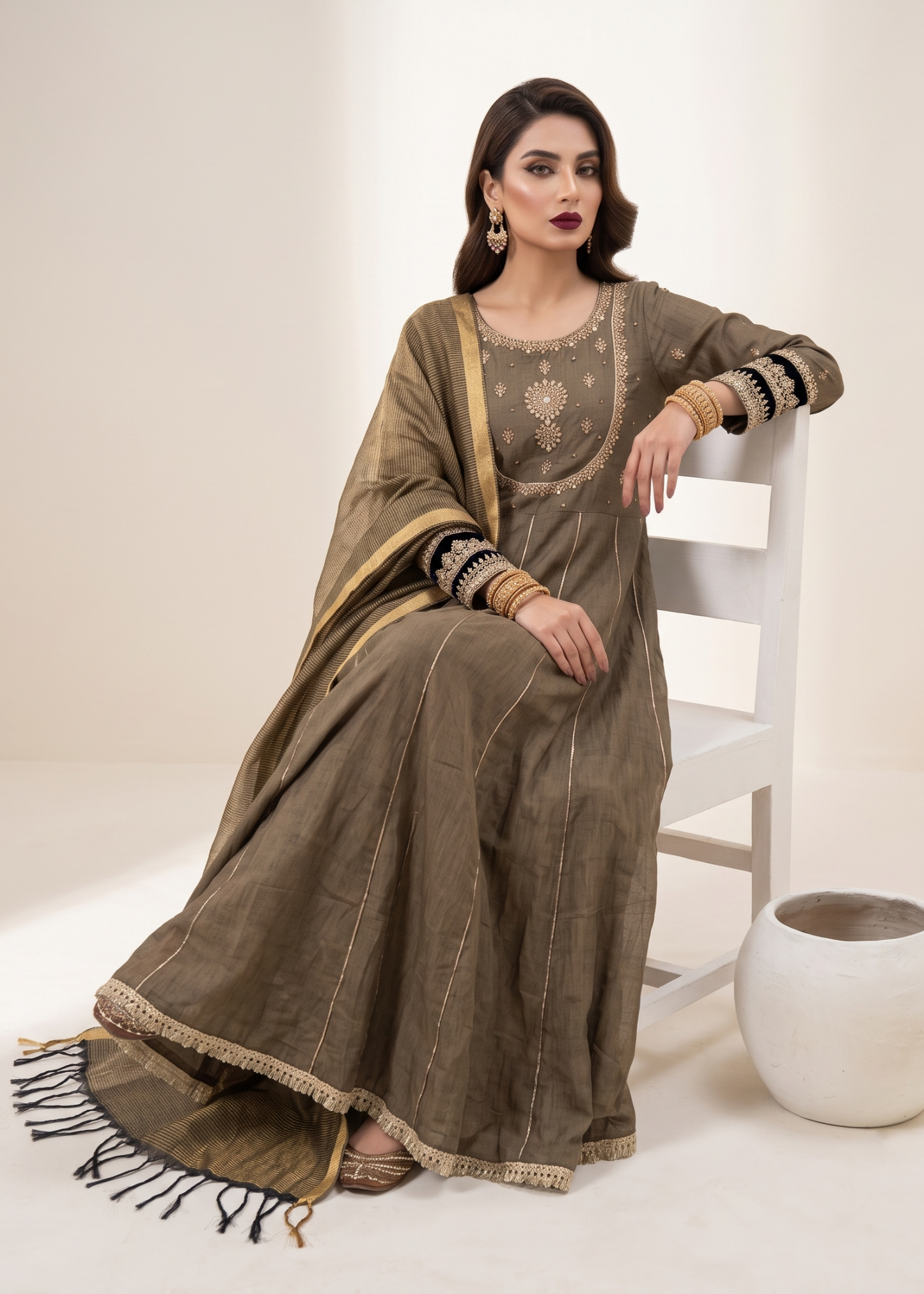 Ladies Embroidered Coffee Brown Cotton Tissue Salwar Kameez Online in UK USA Canada