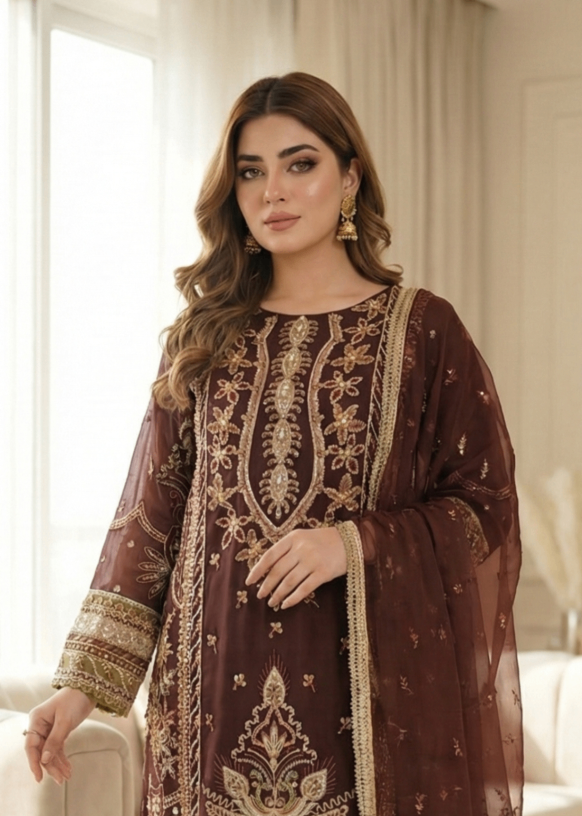Ladies Embroidered Coffee Brown Organza Shalwar Kameez Online in UK USA Canada