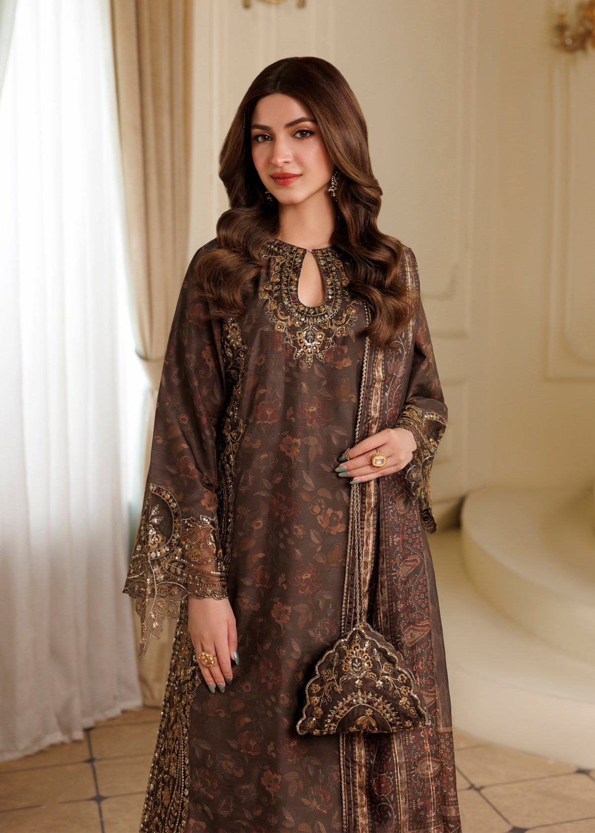 Ladies Embroidered Coffee Brown Shalwar Kameez Festive Partywear Online in UK USA Canada