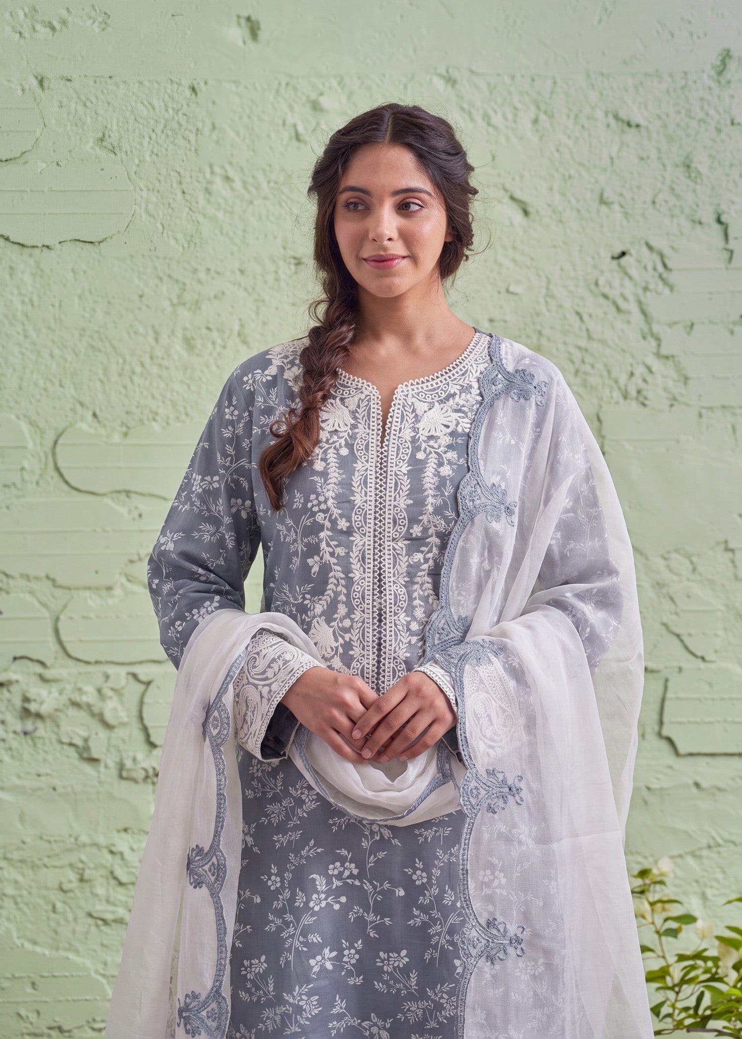 Ladies Embroidered Cool Grey Lawn Suit Online in UK USA Canada