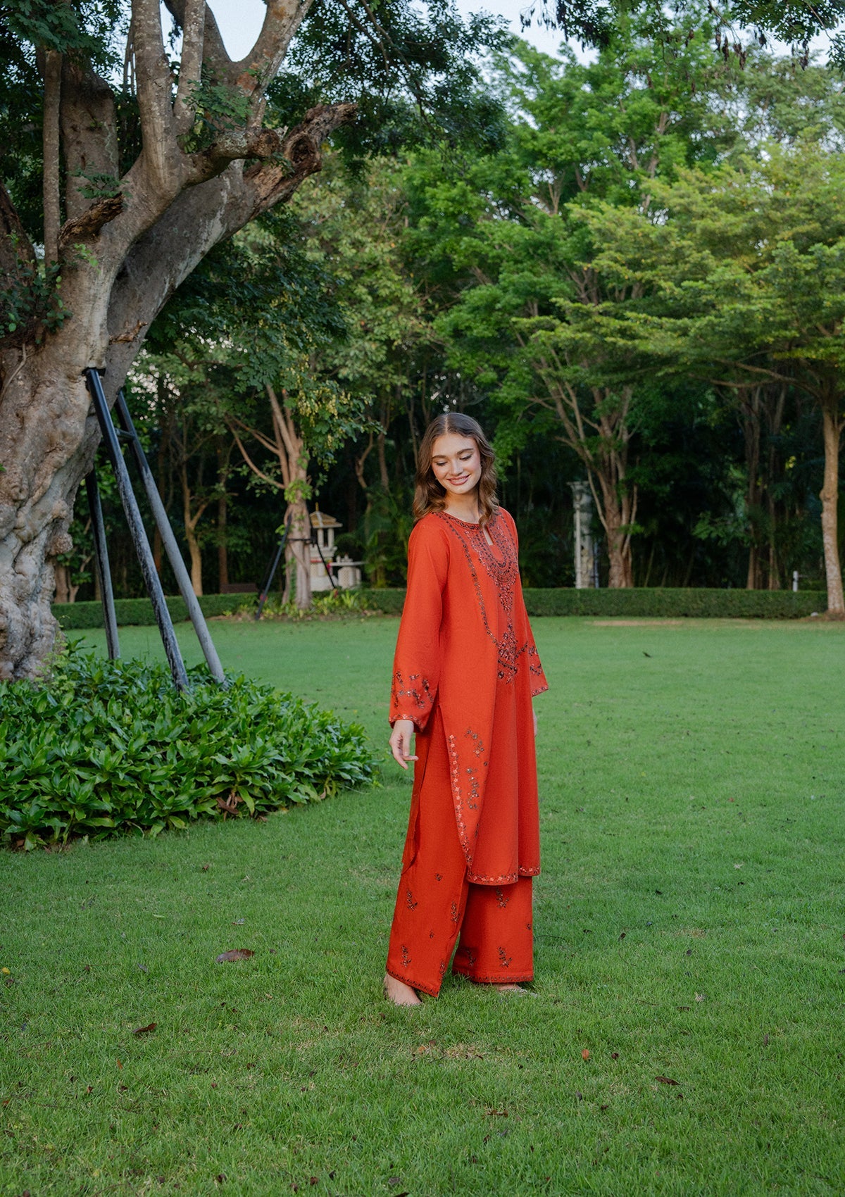 Ladies Embroidered Coral Red Khaddar Kurta Set Online in UK USA Canada