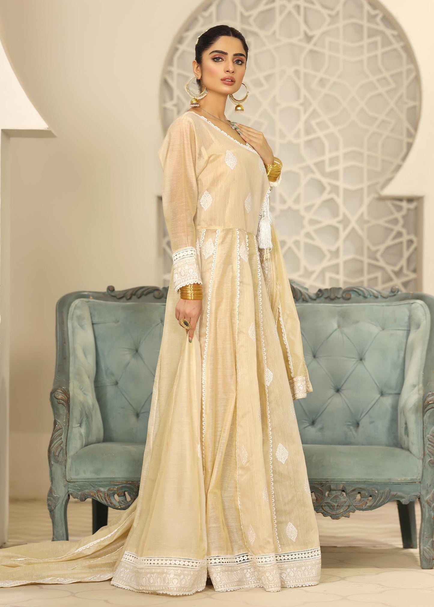 Ladies Embroidered Cotton Angrakha Style Gown Online in UK USA Canada