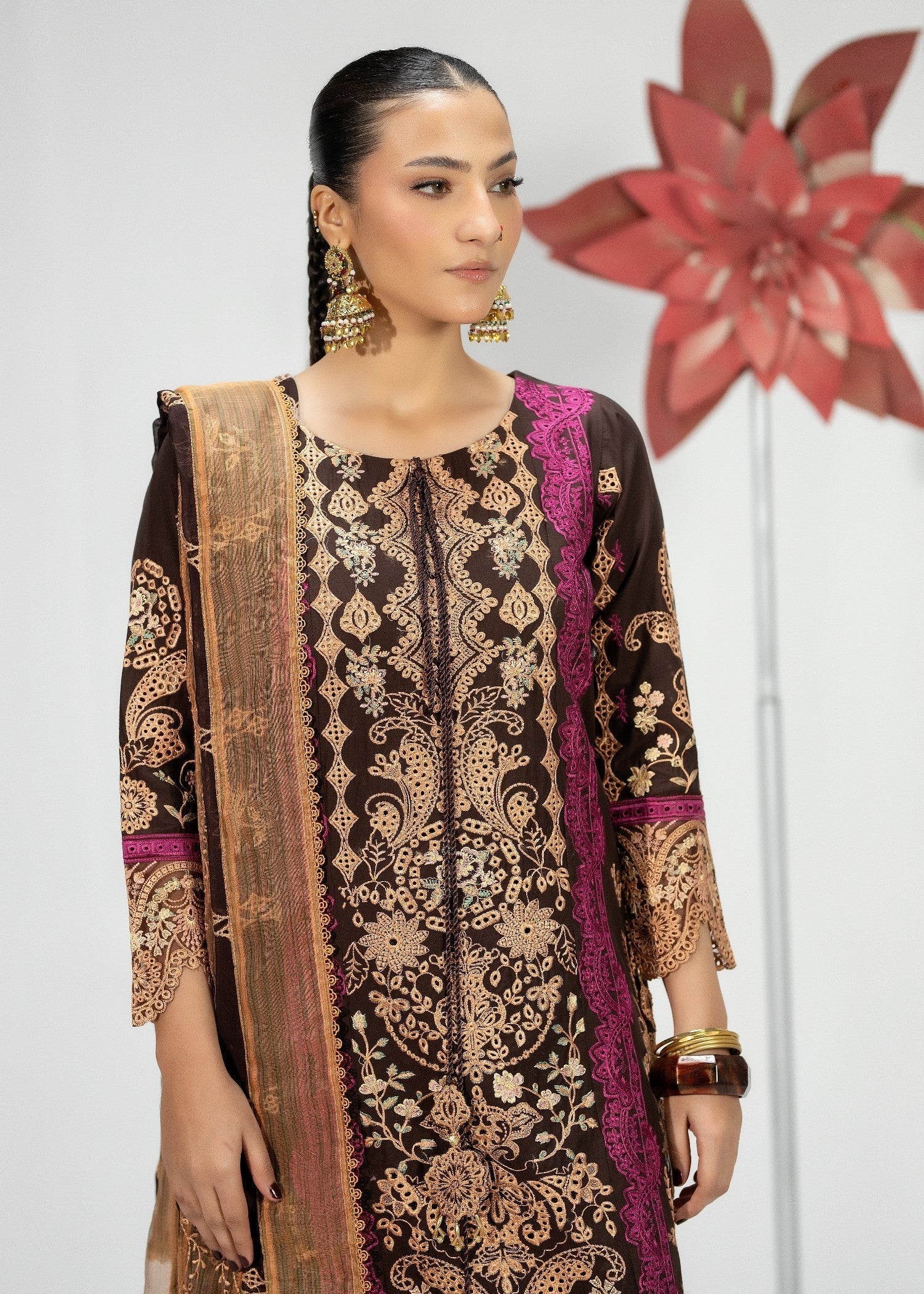 Ladies Embroidered Cotton Walnut Brown Shalwar Kameez Online in UK USA Canada